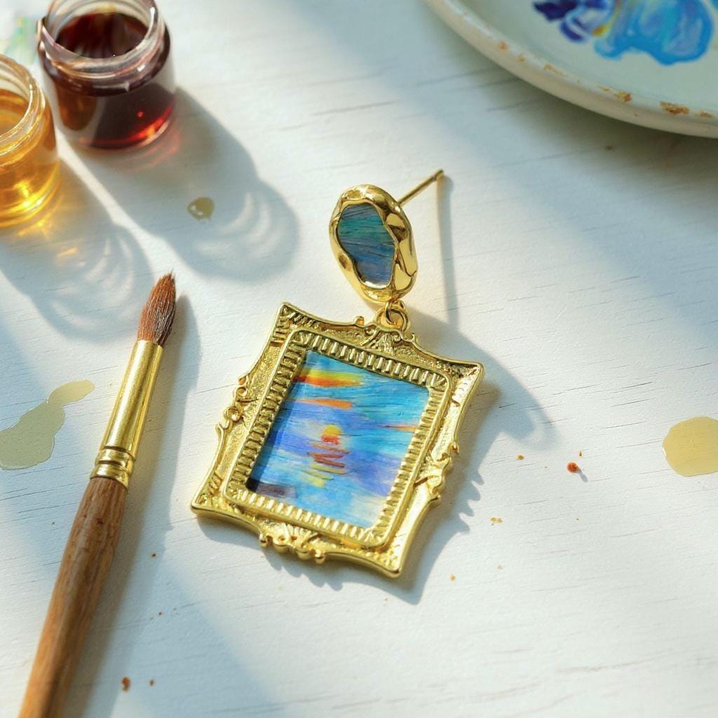 Monet Inspired Earrings, Mismatched Painting Jewelry with Feather Art, Statement Dangle, Unique Artist Gift