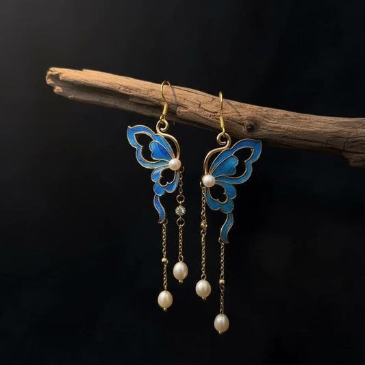 Blue Butterfly Tassel Earrings, Parrot Feather Art & Pearl, Fairycore Vintage Style Dangle, Romantic Gift for Her