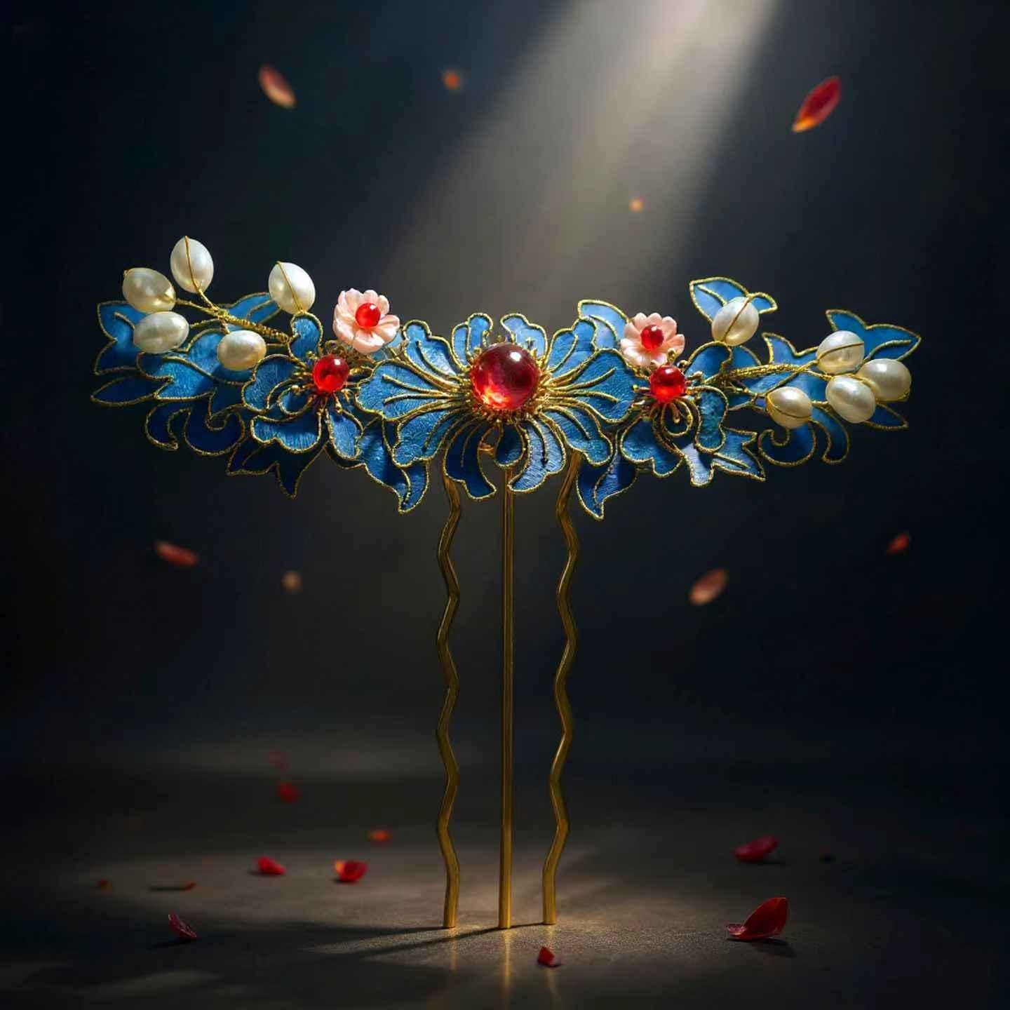 Elaborate Blue Flower Hair Comb, Vintage Style Art Pin with Pearls & Agate