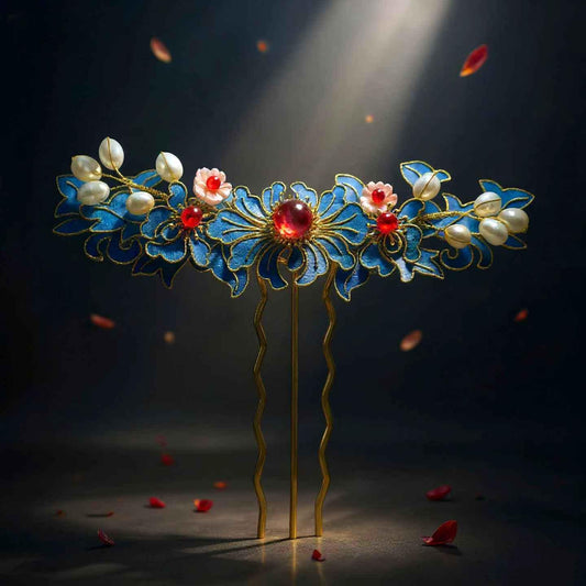 Elaborate Blue Flower Hair Comb, Vintage Style Art Pin with Pearls & Agate