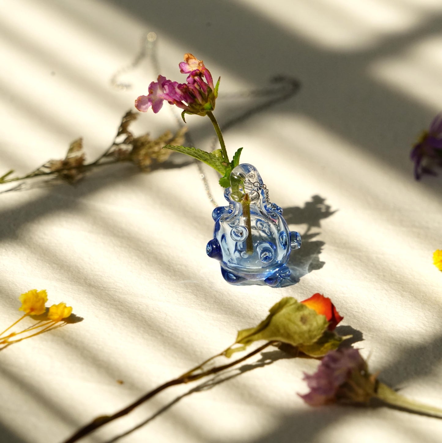 Blue Glass Mini Vase Necklace - Custom flower Jewelry, Handblown Botanical Pendant, Sterling Silver Chain