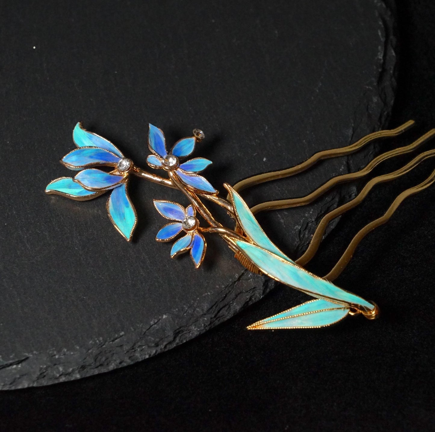 Blue Iris Hair Comb, Crystal Gradient Feather Slide, Vintage Style Floral Headpiece, Unique Gift for Her