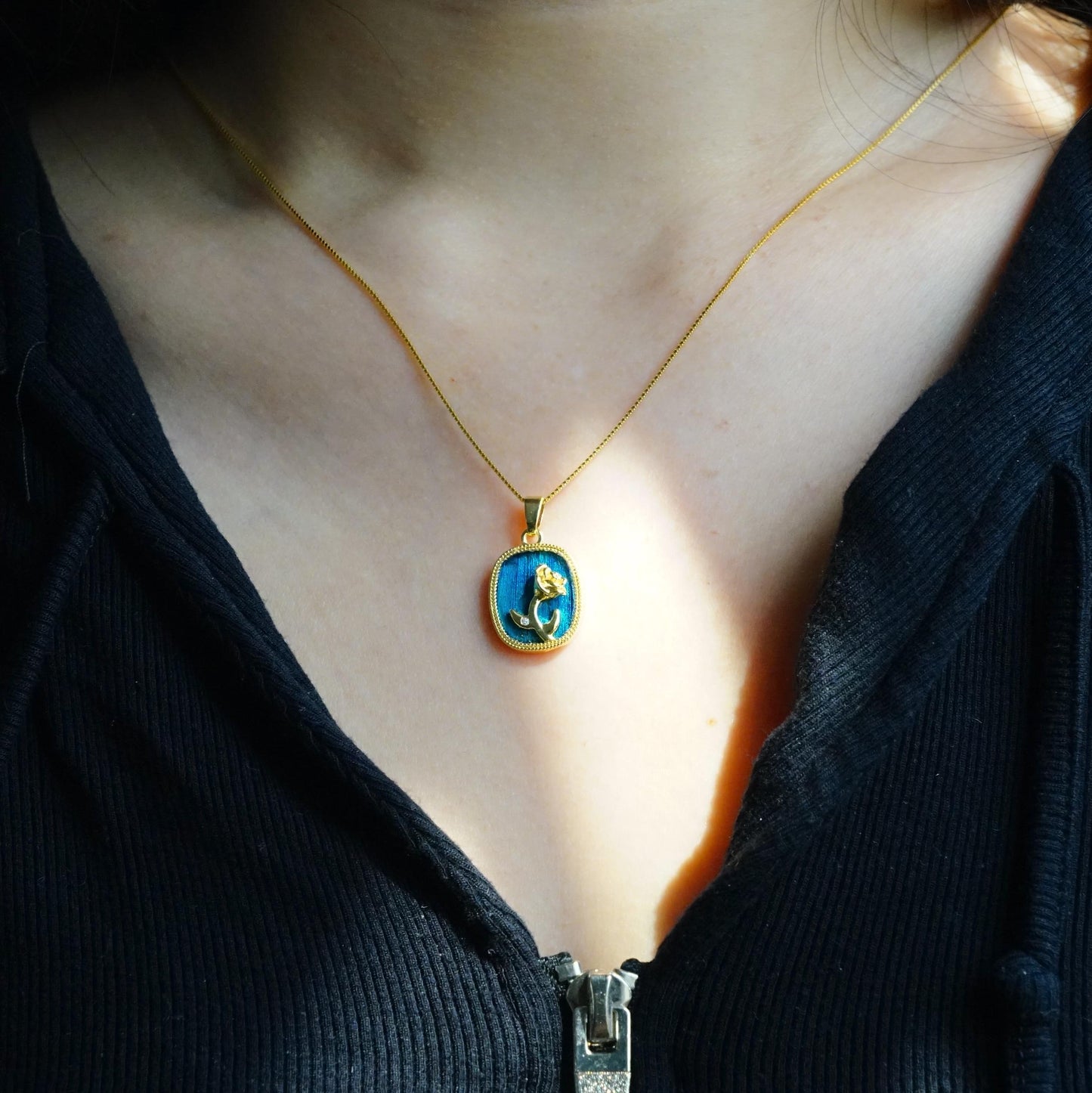 Rose Pendant Necklace With Peacock Feather, Elegant Gold Plated Silver, Vintage Romantic Floral Jewelry, Unique Gift for Her