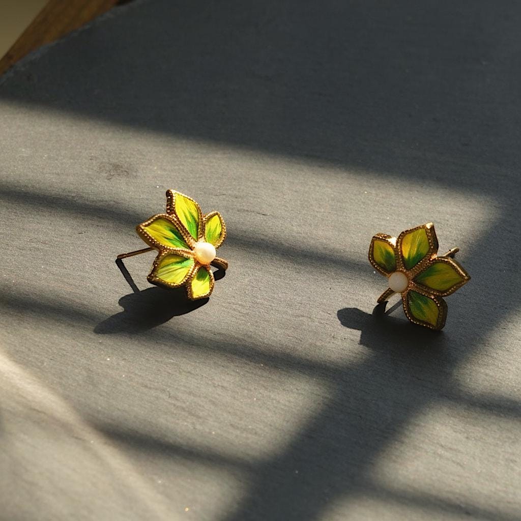 Green Maple Leaf Stud Earrings with Feather & Pearl, Handmade Botanical Jewelry, Unique Nature Gift for Her