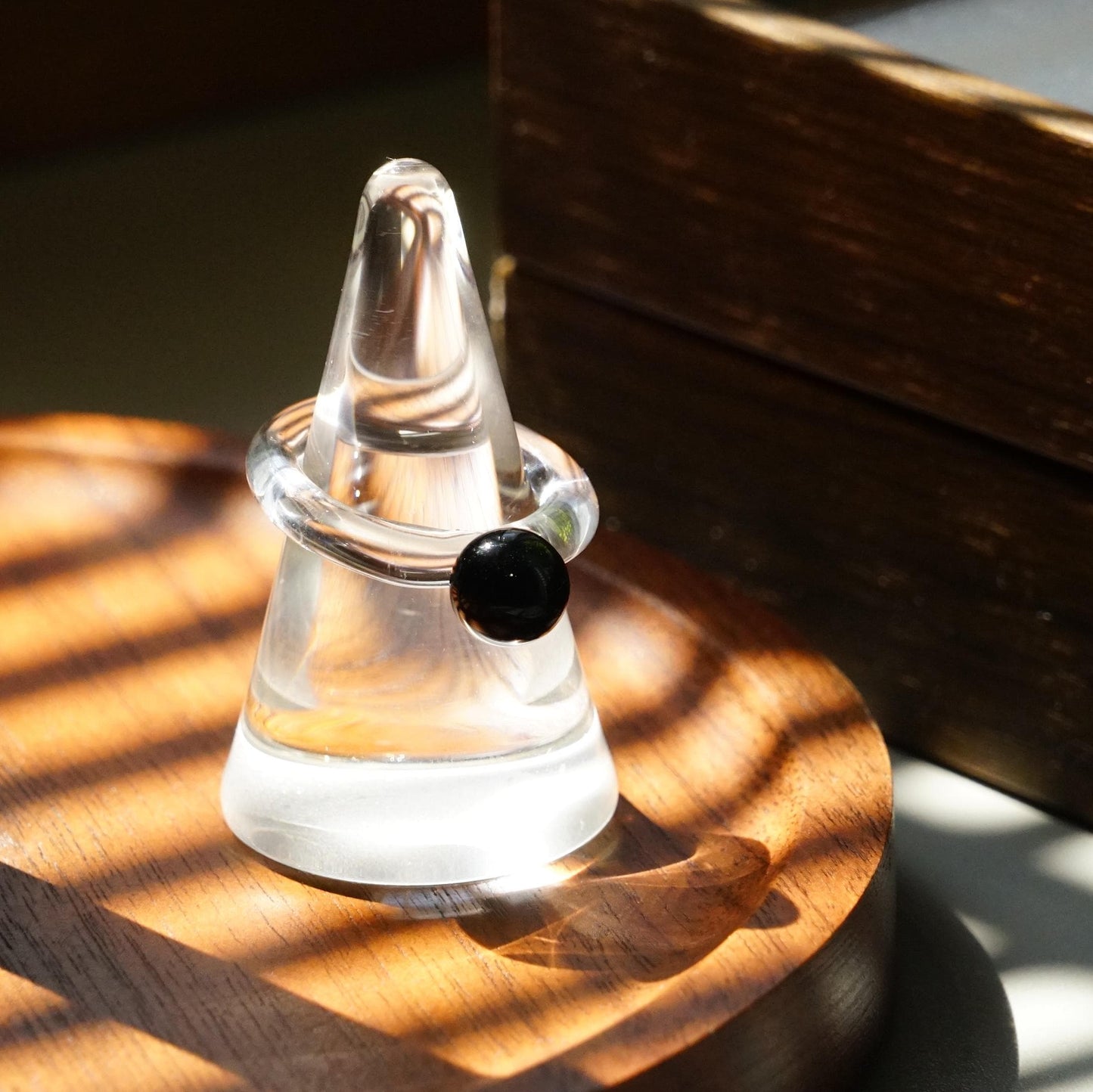 Minimalist Black Solitaire Lampwork Ring, Clear Borosilicate Glass Art Jewelry, Modern Contrast Gift