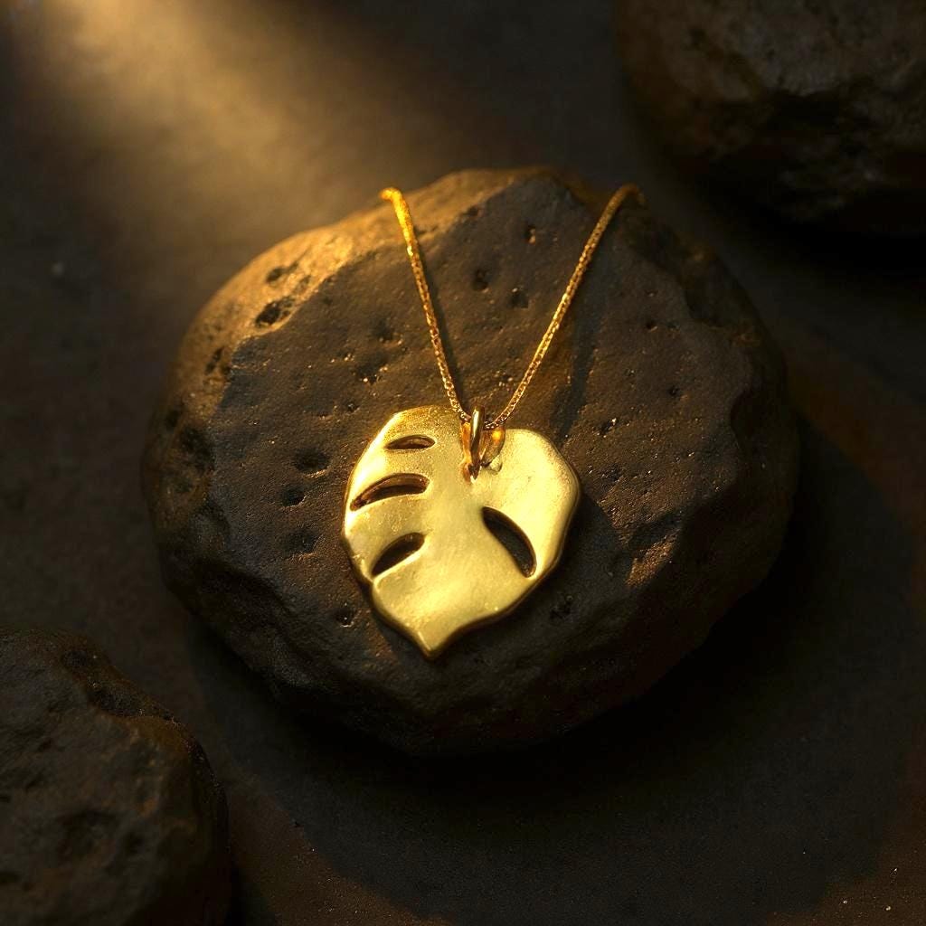 Monstera Leaf Pendant Necklace With Peacock Feather, Good Luck Charm, Unique Botanical Art Gift