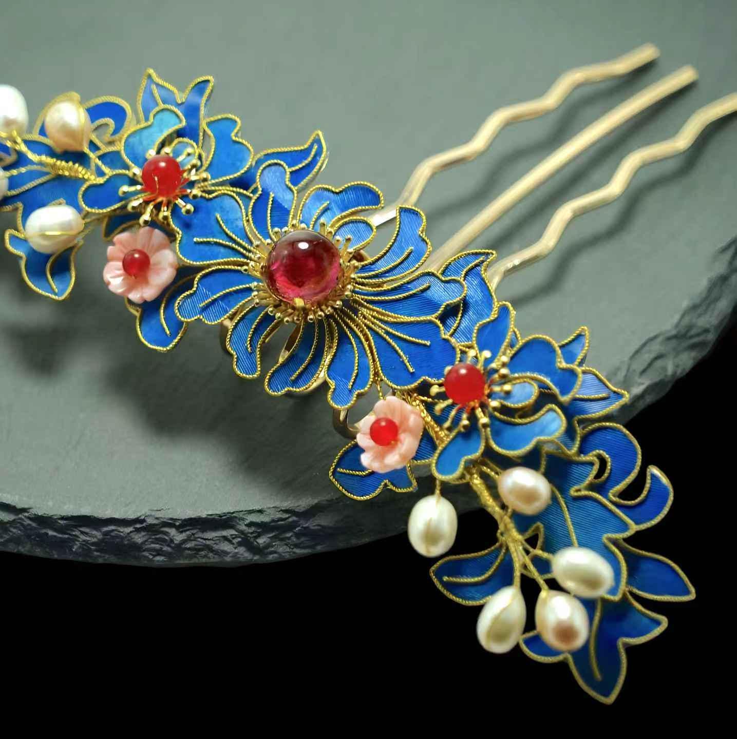 Elaborate Blue Flower Hair Comb, Vintage Style Art Pin with Pearls & Agate