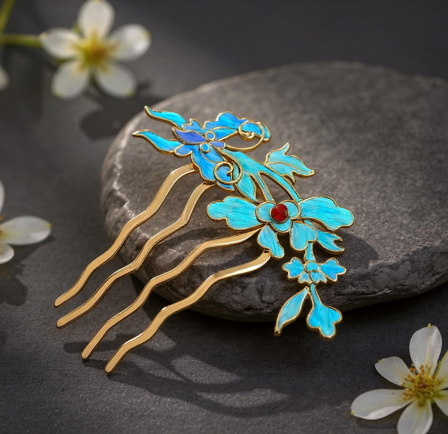 Dian Cui Iris Hairpin, Vintage Style Floral Hairpin with Red Agate, Art Piece Gift for Her