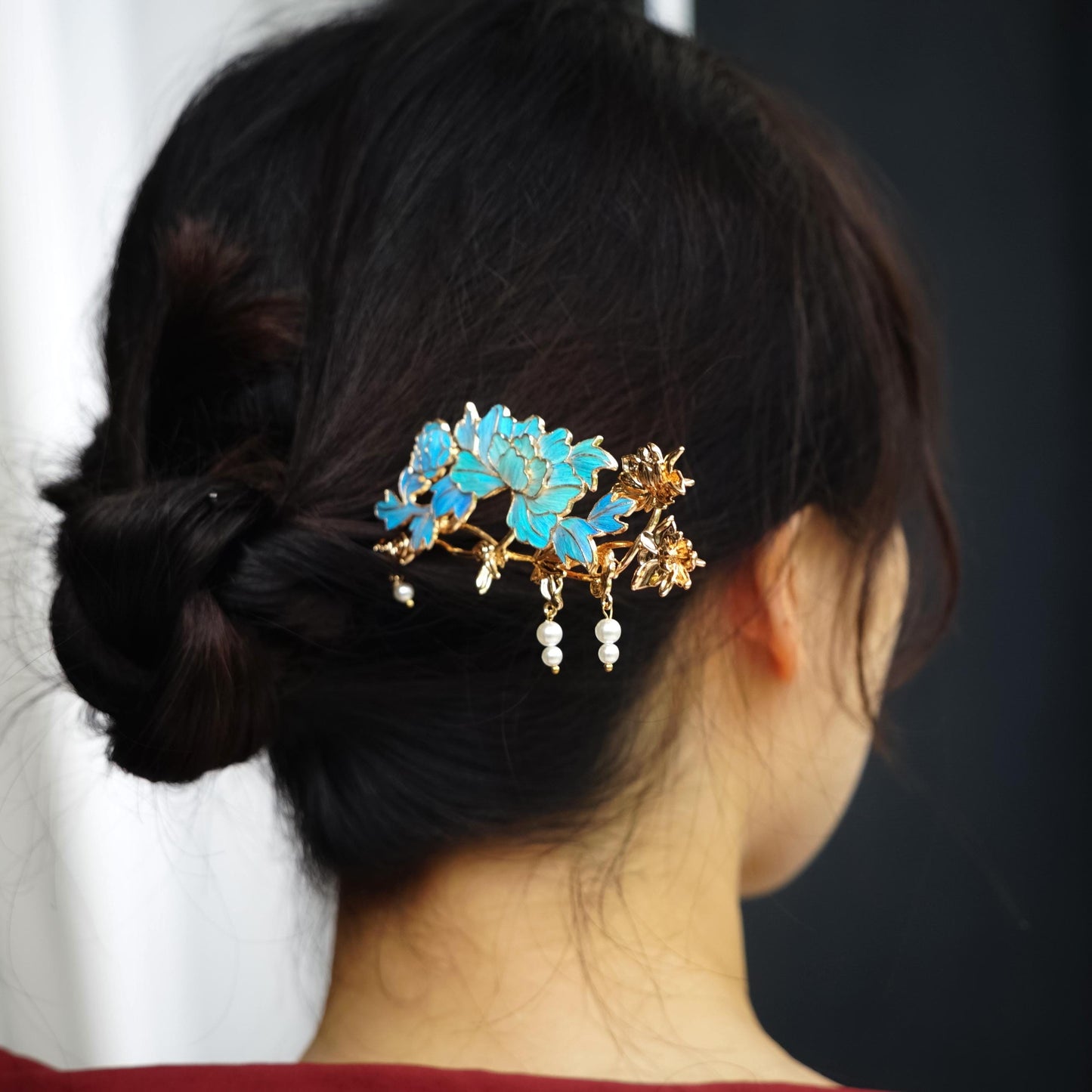 Vintage Floral Hairpin with Pearls, Dian Cui / Tian Tsui Art, Artisan Statement Jewelry, Art Piece Gift for Her