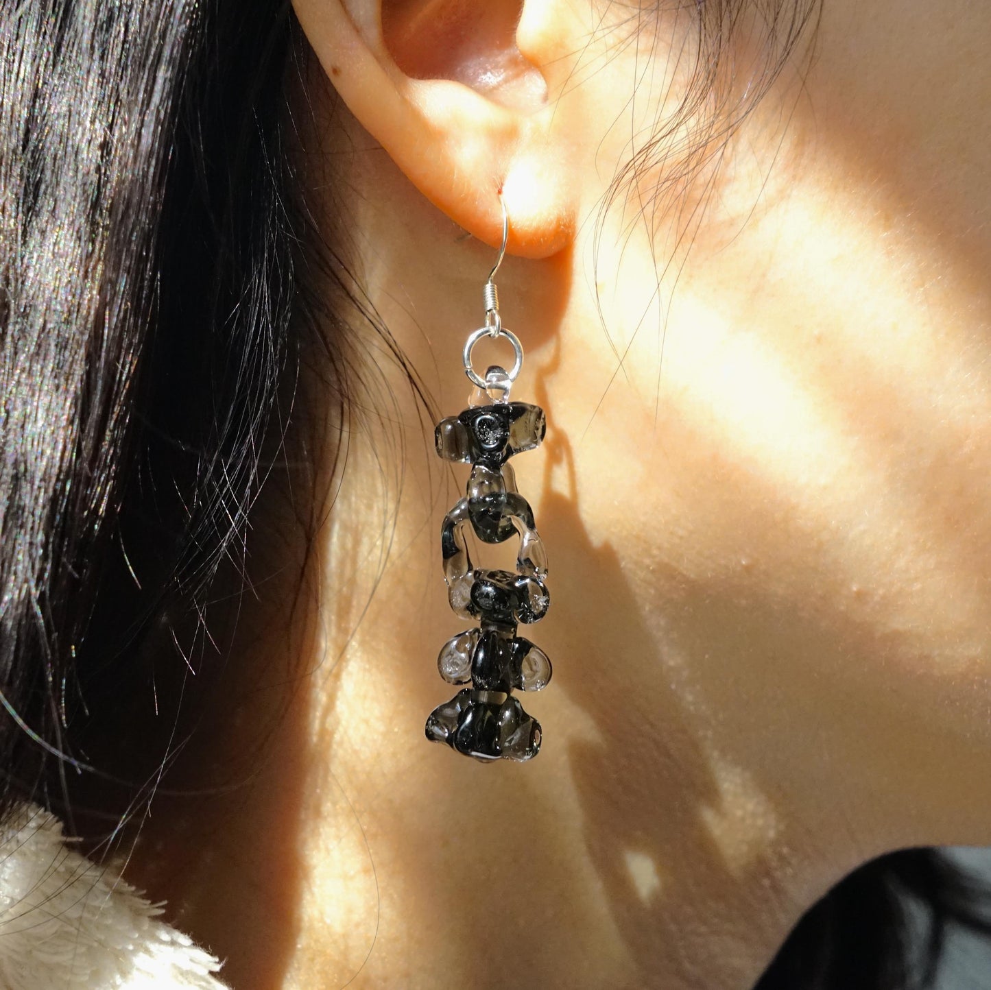 Black Spine Earrings, Abstract Bone Jewelry, Handblown Smokey Glass Drop Earrings, Edgy Goth Aesthetic, Unique Gift for Her