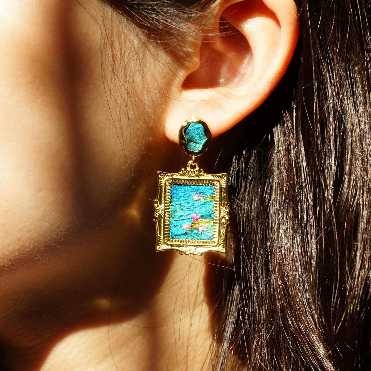 Monet Inspired Earrings, Mismatched Painting Jewelry with Feather Art, Statement Dangle, Unique Artist Gift