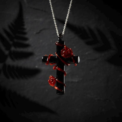 Goth Rose Cross Glass Necklace