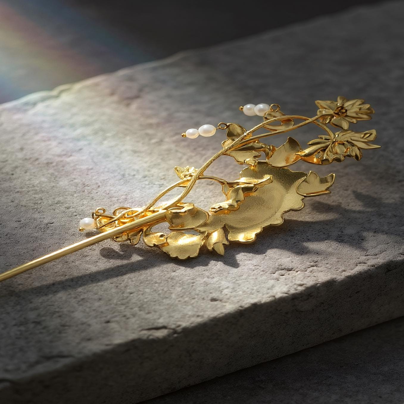 Artisan Floral Hair Pin with Feather & Pearls, Statement Hairpiece, Special Occasion Updo, Dian Cui/ Tian Tsui Art