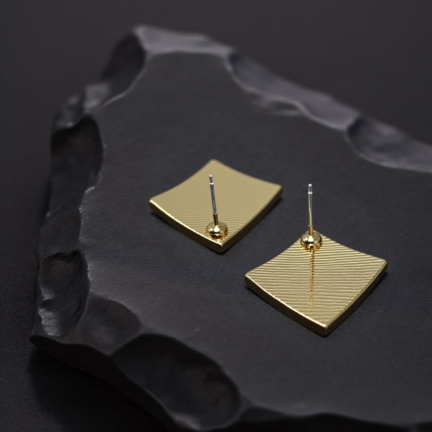 Minimalist Gold Peacock Feather Earrings, Modern Art Deco Studs, Square Dian Cui Jewelry, Elegant Gift for Her