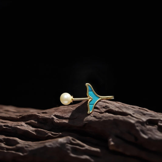 Kingfisher craft ring-Peacock feather, Mermaid pearl ring, Adjustable ring