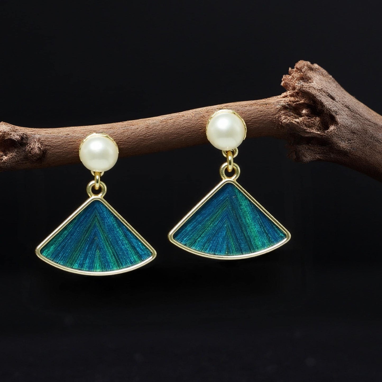 Fan Earrings with Peacock Feather & Pearl, Gold Statement Jewelry, Vintage Inspired Gift for Her