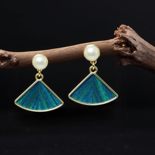 Fan Earrings with Peacock Feather & Pearl, Gold Statement Jewelry, Vintage Inspired Gift for Her