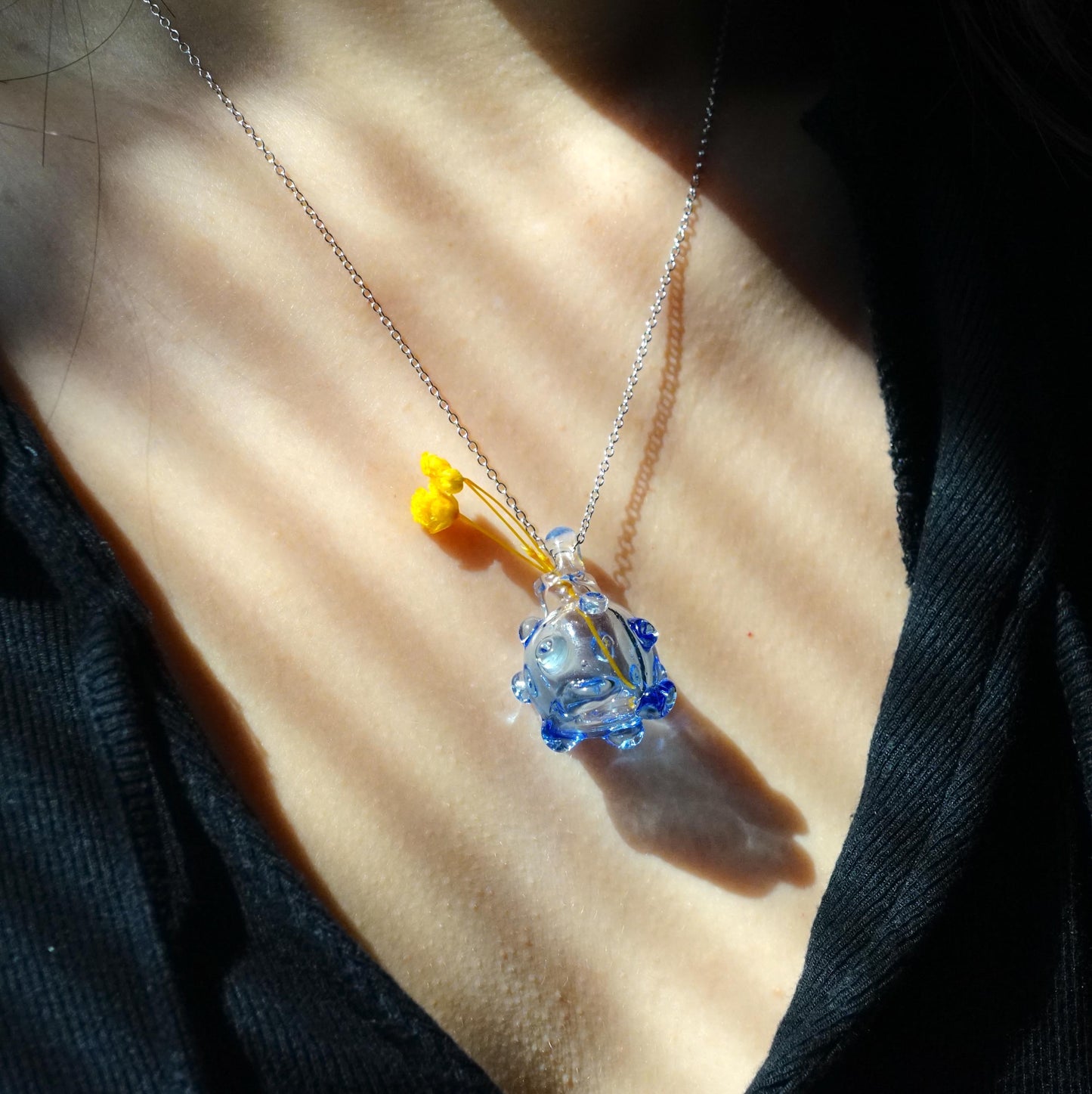 Blue Glass Mini Vase Necklace - Custom flower Jewelry, Handblown Botanical Pendant, Sterling Silver Chain