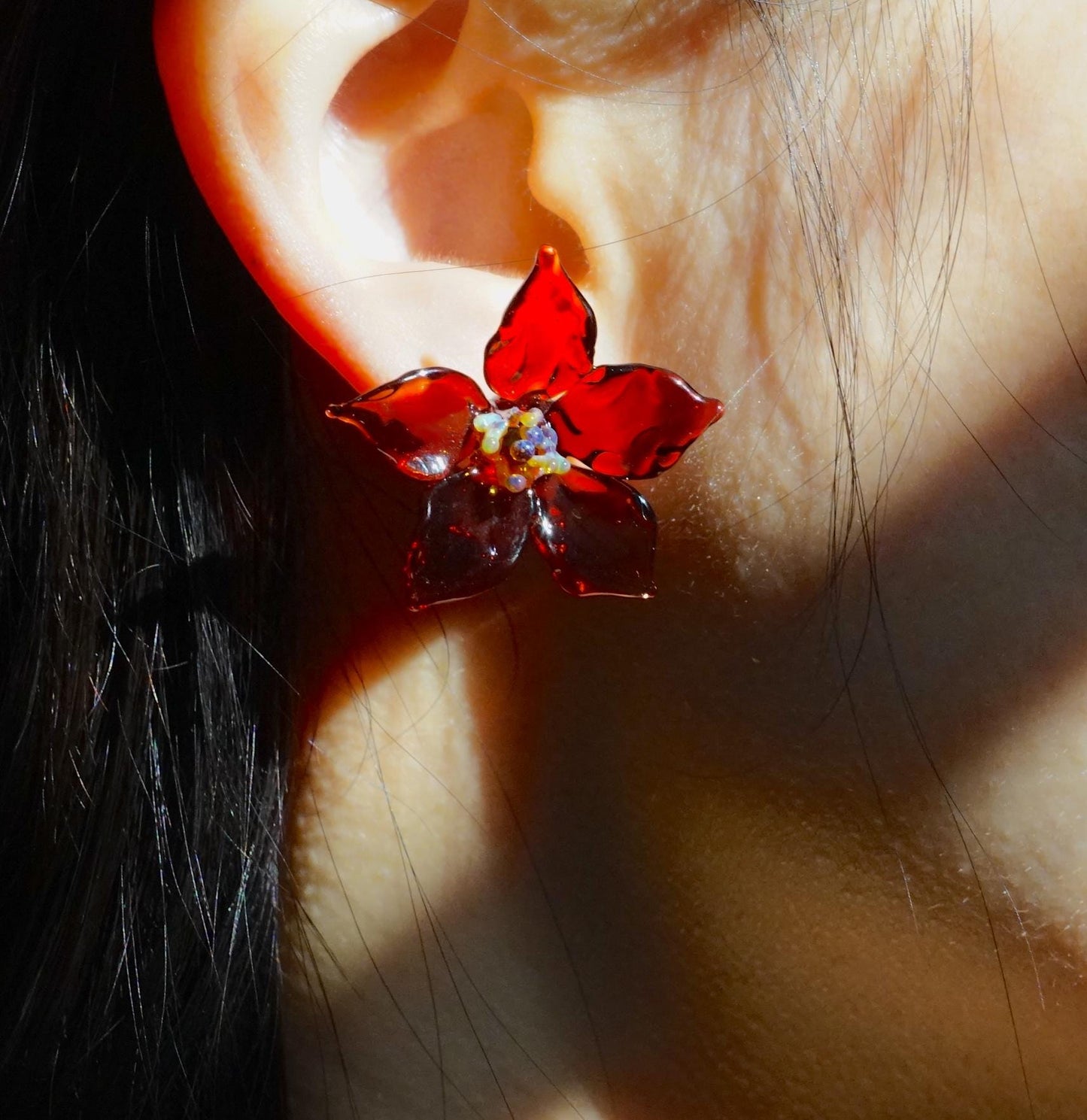 Red Flower Glass Stud Earrings, Lampwork Floral Bloom Jewelry, Unique Gift for Her