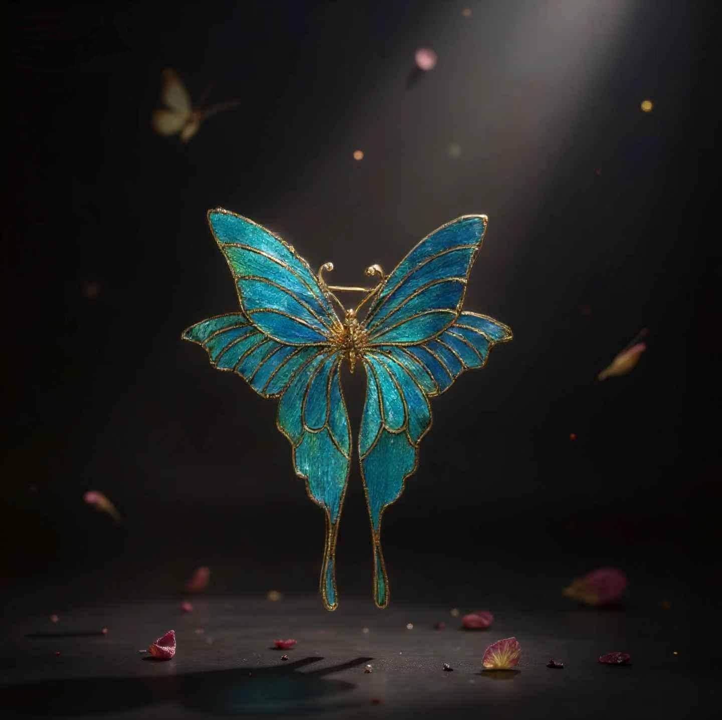 Butterfly Brooch with Peacock Feather, Meaningful Christmas Gift for Her, Gold Statement Pin, Heirloom Jewelry