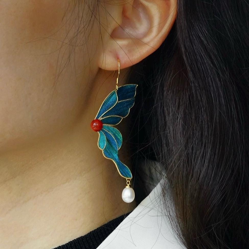 Agate Pearl Butterfly Earrings, Gold Art Nouveau Dangle with Peacock Feather, Unique Gift for Her