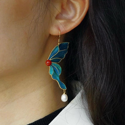 Agate & Pearl Butterfly Feather Earrings