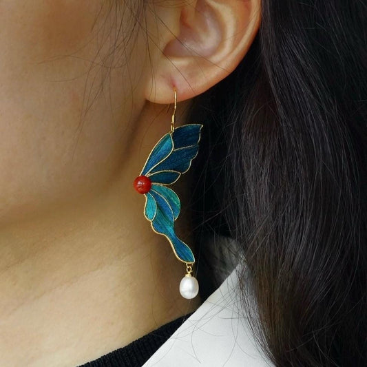 Agate Pearl Butterfly Earrings, Gold Art Nouveau Dangle with Peacock Feather, Unique Gift for Her