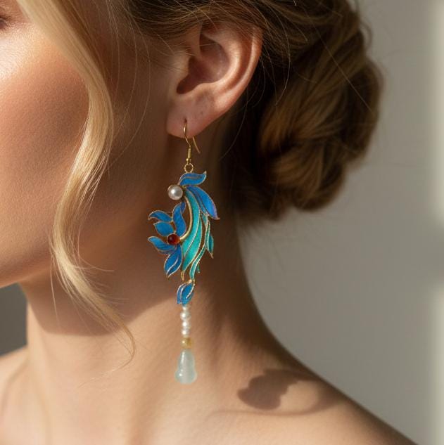 Blue Iris Flower Drop Earrings, Feather Art Nouveau Jeweley, Vintage Style Orchid Dangle, Unique Artisan Gift for Her