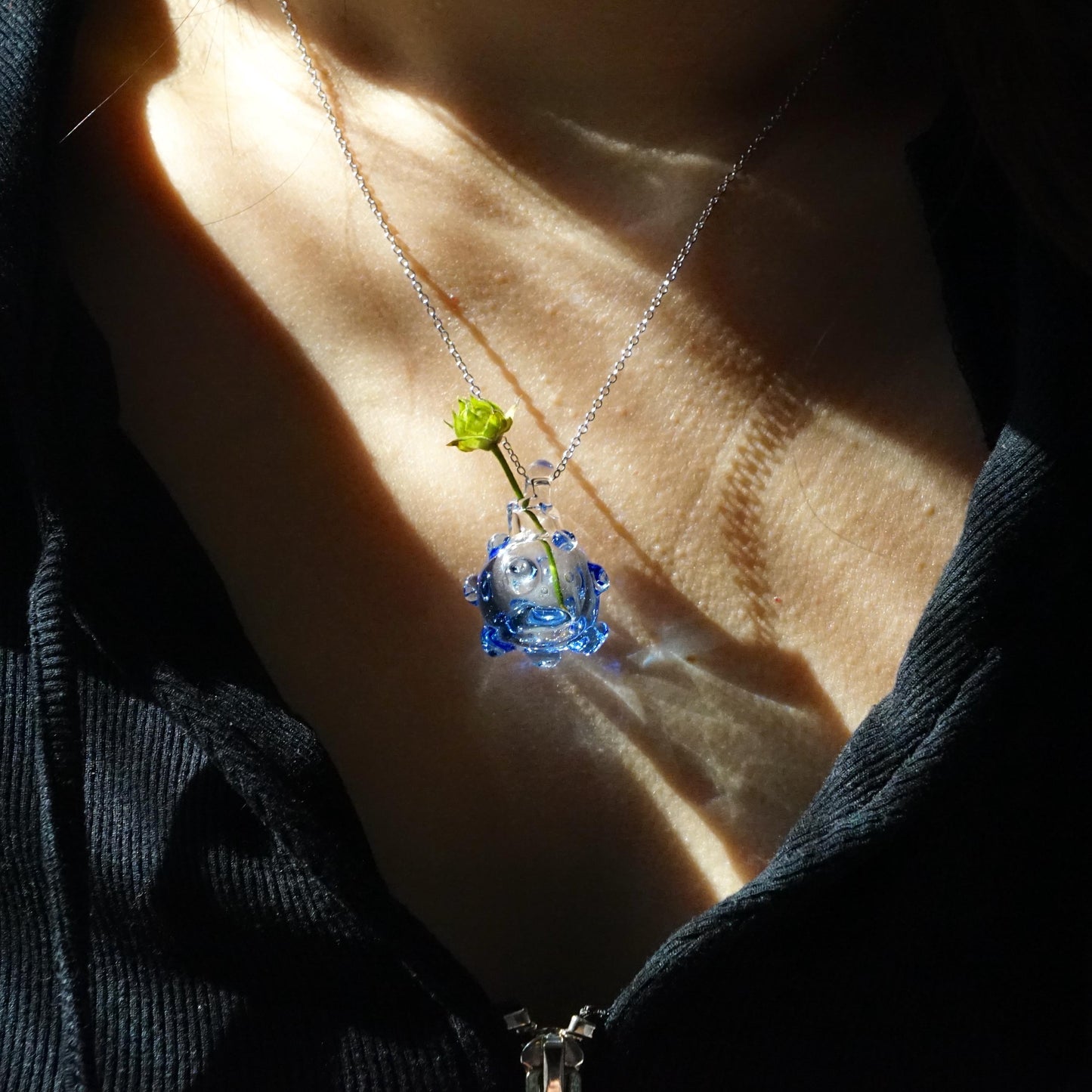 Blue Glass Mini Vase Necklace - Custom flower Jewelry, Handblown Botanical Pendant, Sterling Silver Chain