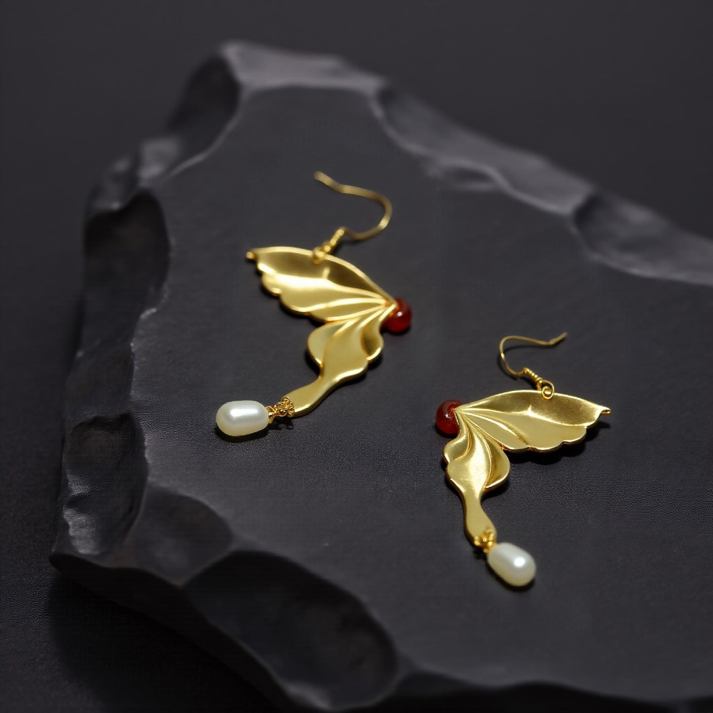 Agate Pearl Butterfly Earrings, Gold Art Nouveau Dangle with Peacock Feather, Unique Gift for Her