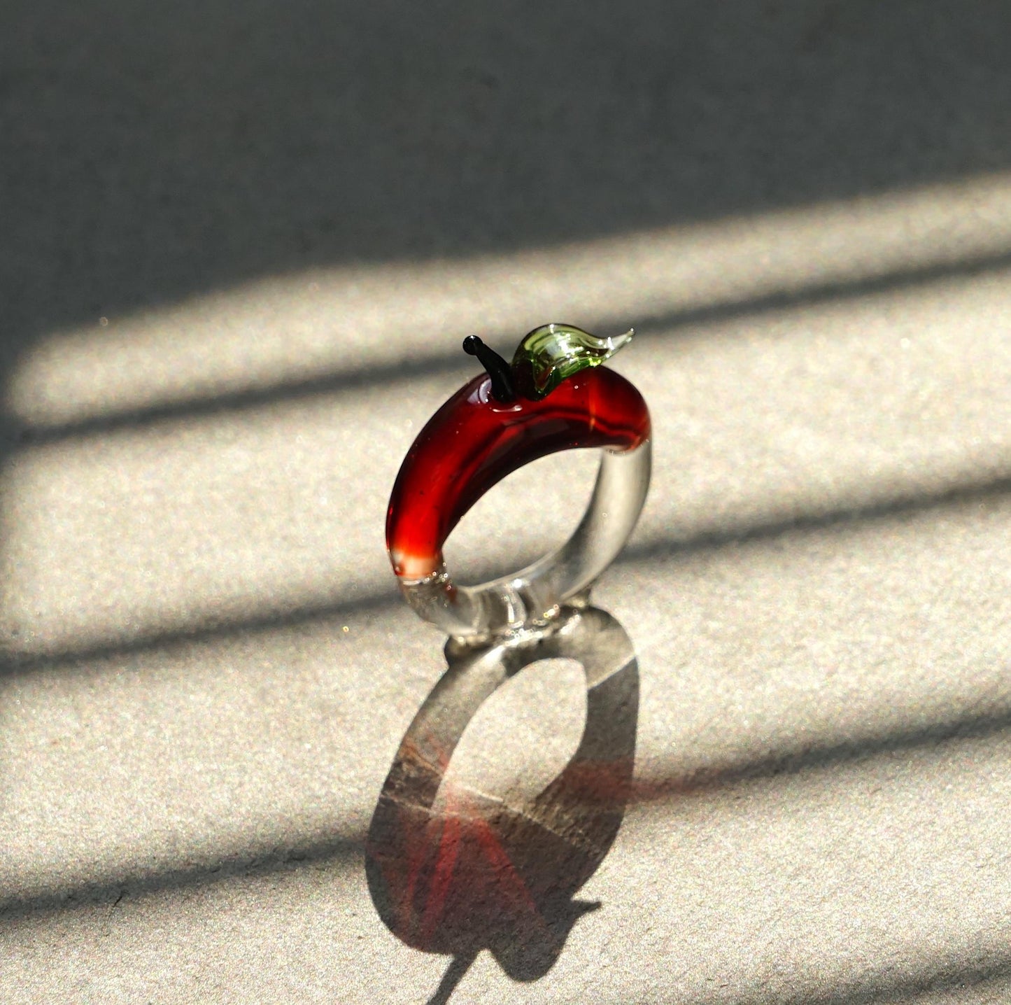 Handmade Glass Apple Ring, Lampwork Borosilicate Fruit Jewelry, Red Apple Stackable Ring, Unique Gift for Women