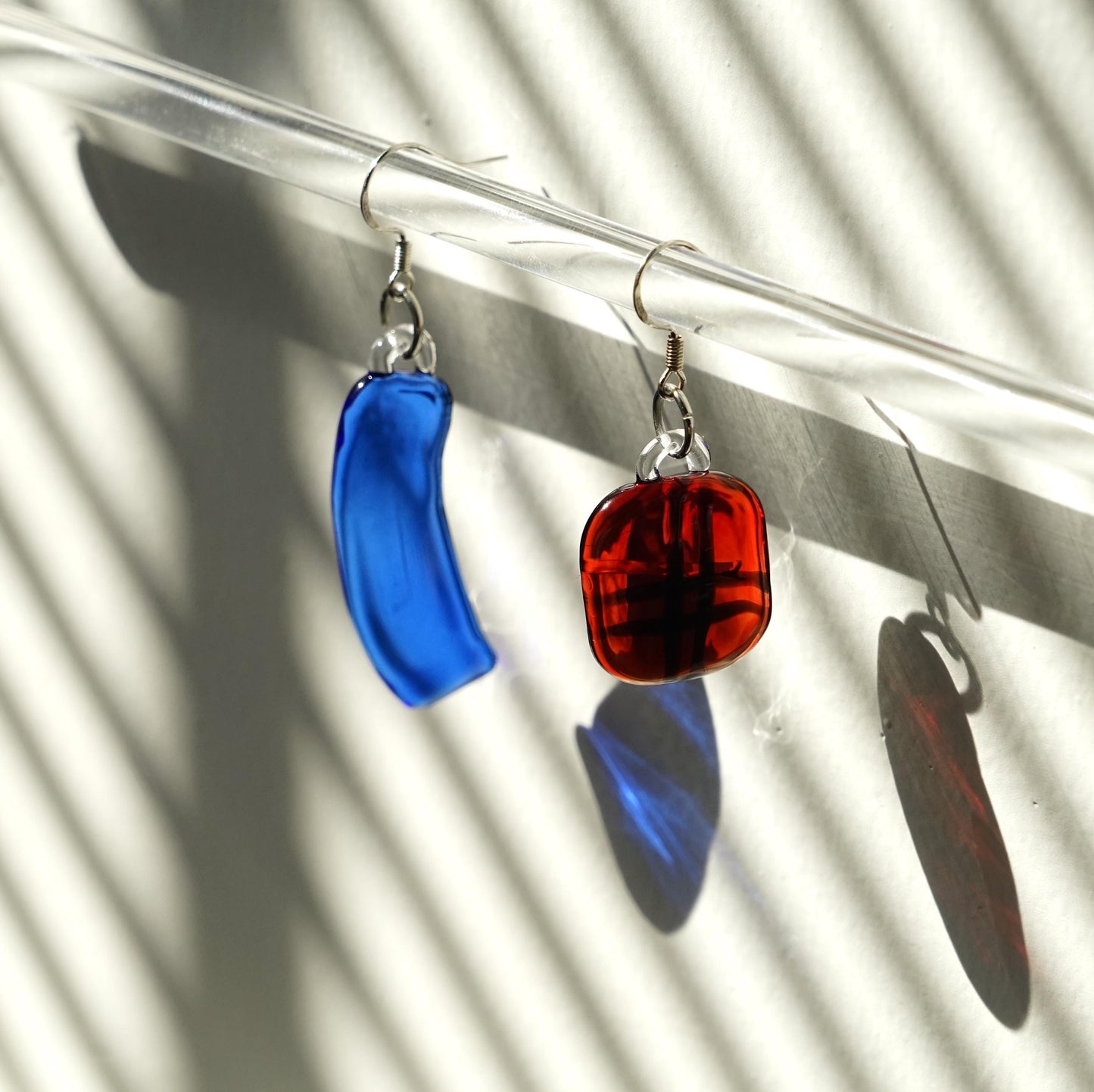 Mondrian Inspired Asymmetrical Glass Earrings, Geometric Lampwork Dangles, Red & Cobalt Blue 925 Silver Hooks, Gift for Her