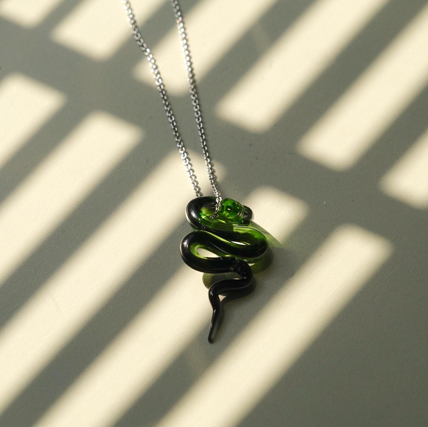 Handmade Glass Snake Necklace, Green Serpent Pendant, Lampwork Emerald Jewelry, Dark Academia Witchy Gift