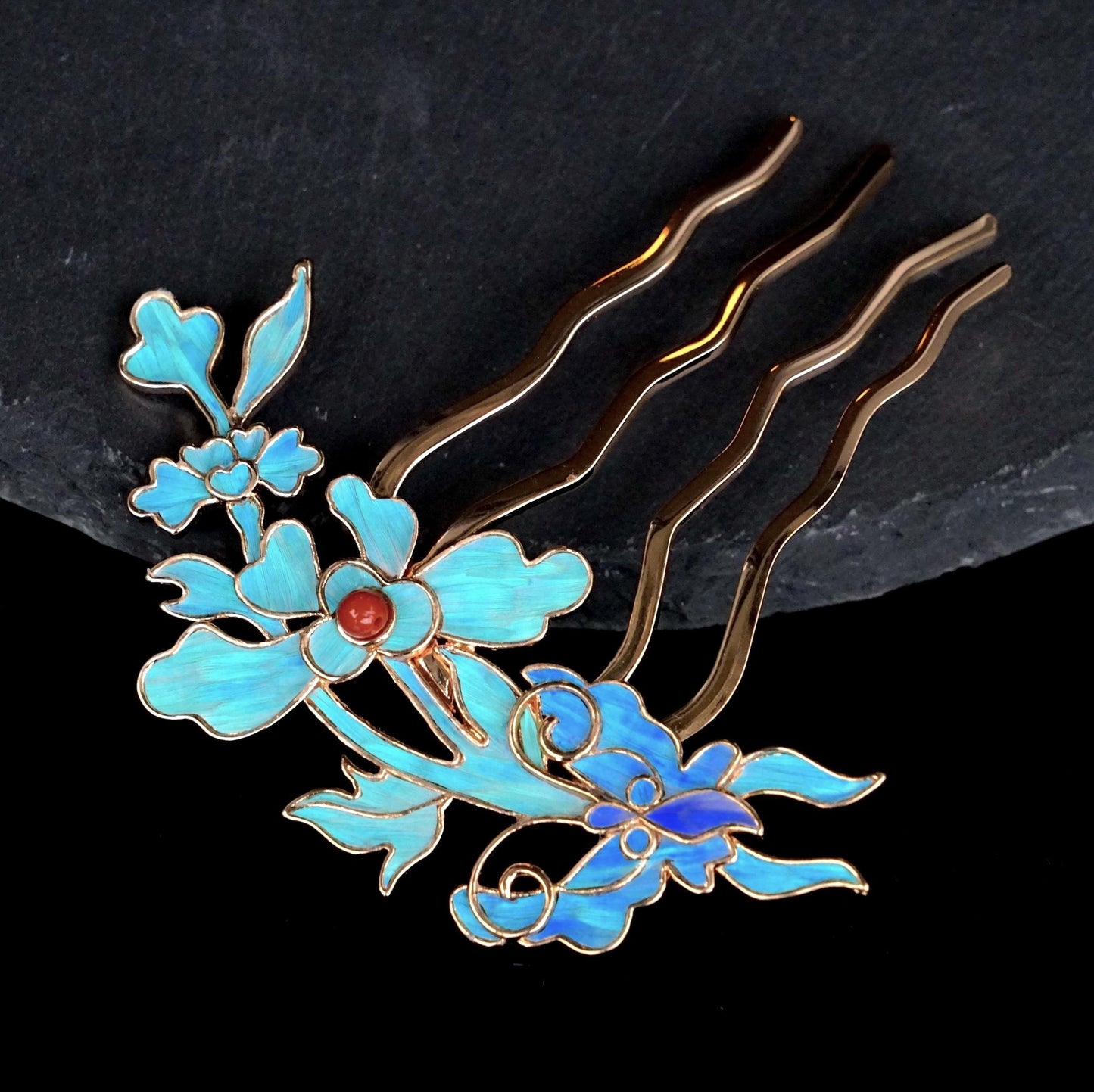 Dian Cui Iris Hairpin, Vintage Style Floral Hairpin with Red Agate, Art Piece Gift for Her