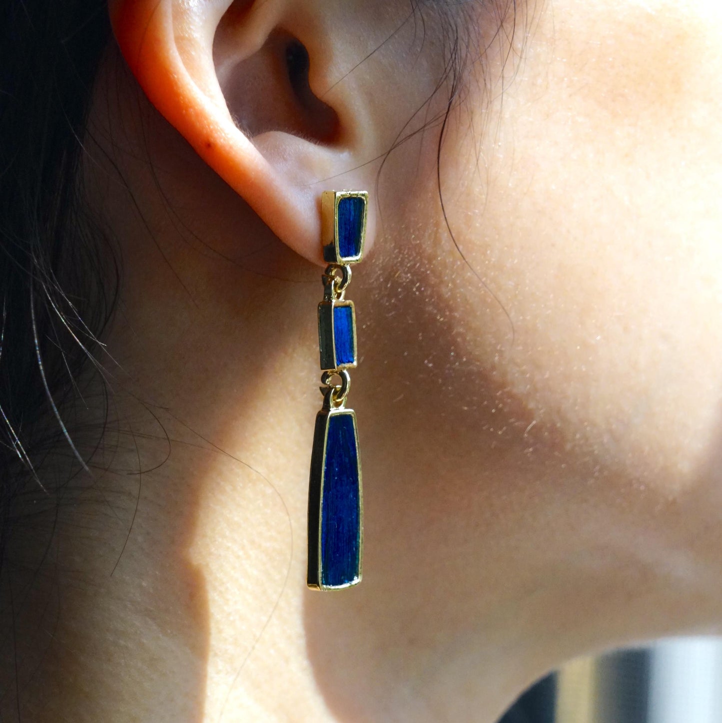 Art Deco Earrings with Peacock Feather, Long Geometric Dangle, Architectural Jewelry, Statement Gift for Her