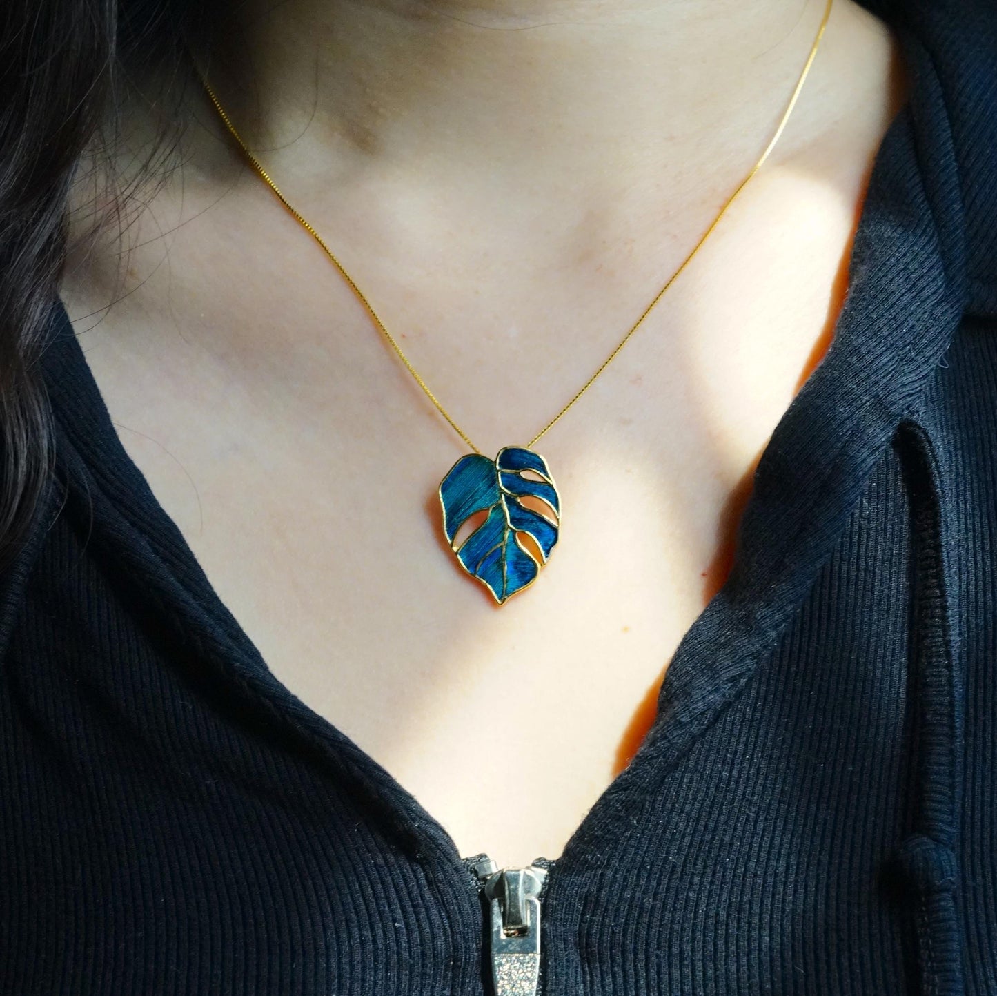 Monstera Leaf Pendant Necklace With Peacock Feather, Good Luck Charm, Unique Botanical Art Gift