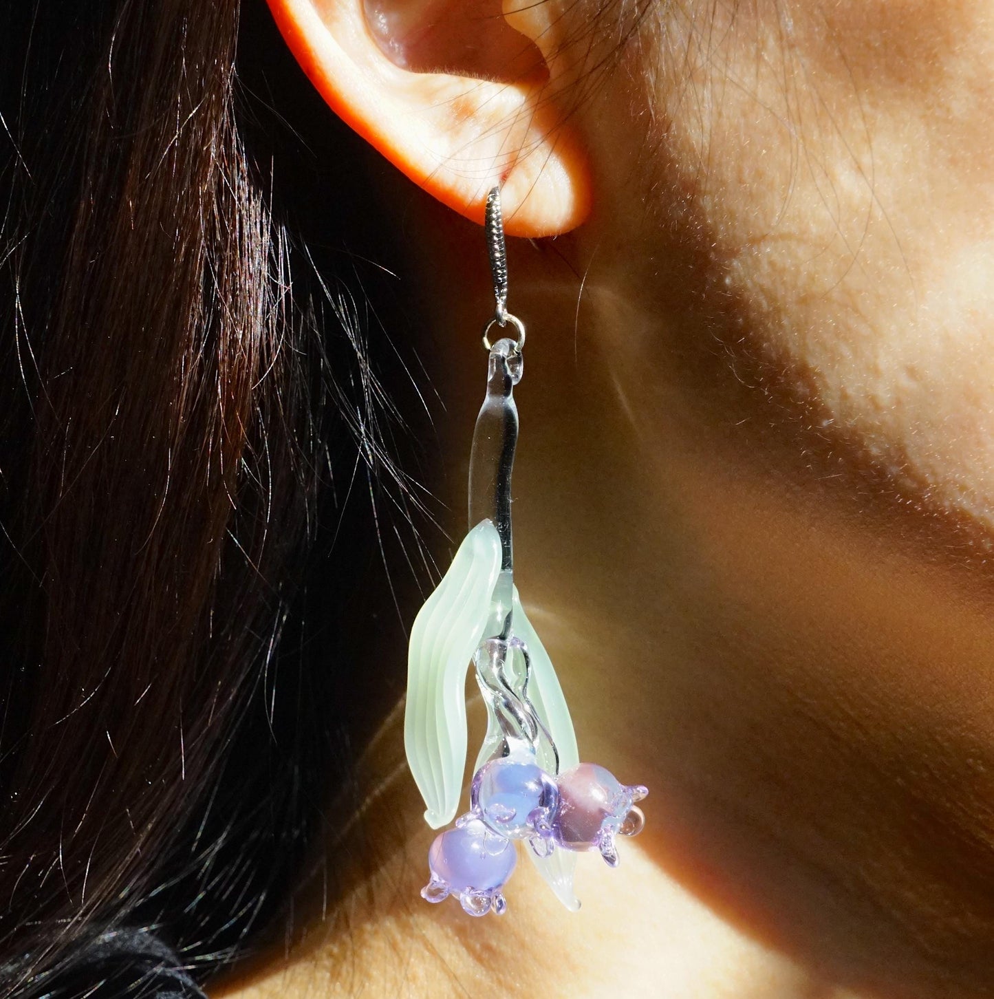 Lily of the Valley Lampwork Glass Earrings - Handmade Dainty Floral Dangles - Unique Botanical Garden Gift