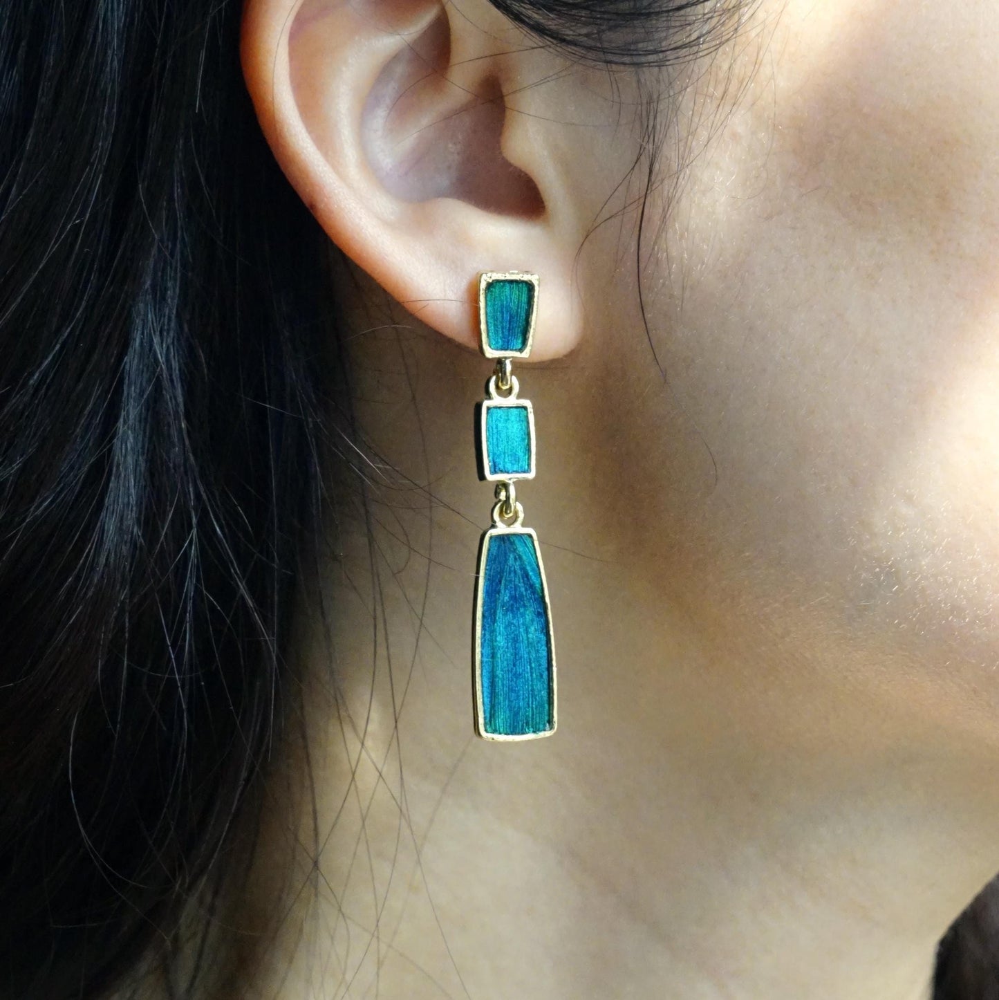 Art Deco Earrings with Peacock Feather, Long Geometric Dangle, Architectural Jewelry, Statement Gift for Her