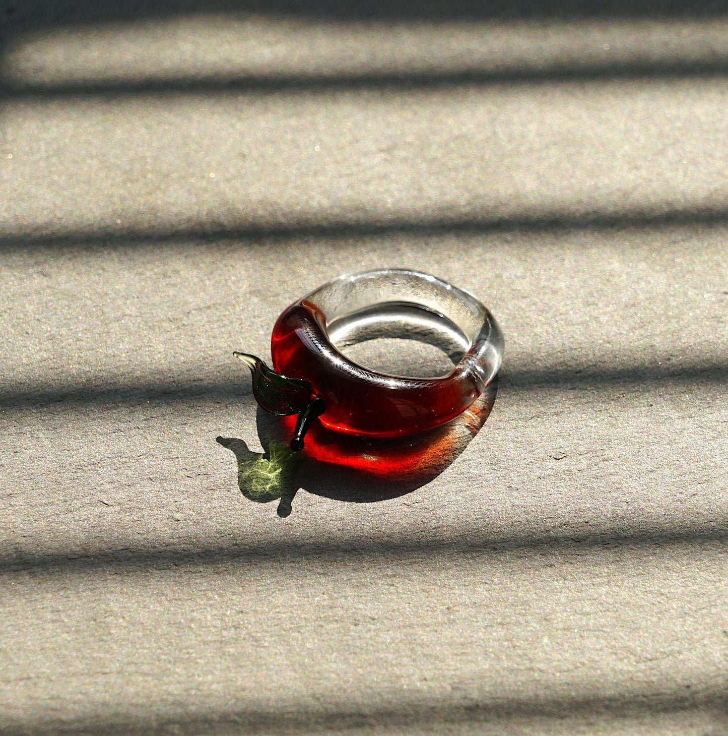 Handmade Glass Apple Ring, Lampwork Borosilicate Fruit Jewelry, Red Apple Stackable Ring, Unique Gift for Women