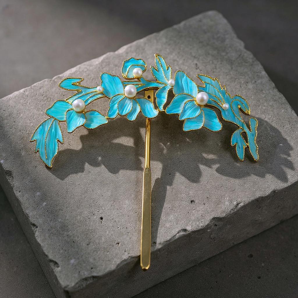 Orchid Hair Stick with Pearls, Dian Cui / Tian Tsui Art, Chinoiserie Floral Hairpin, Elegant Gift for Her