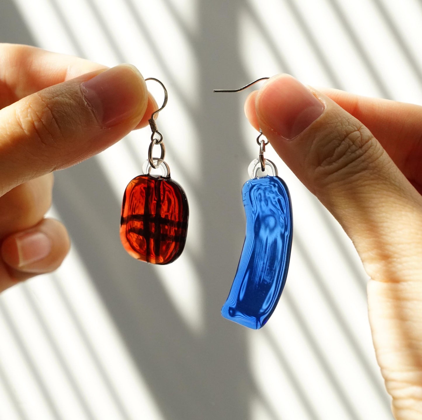 Mondrian Inspired Asymmetrical Glass Earrings, Geometric Lampwork Dangles, Red & Cobalt Blue 925 Silver Hooks, Gift for Her