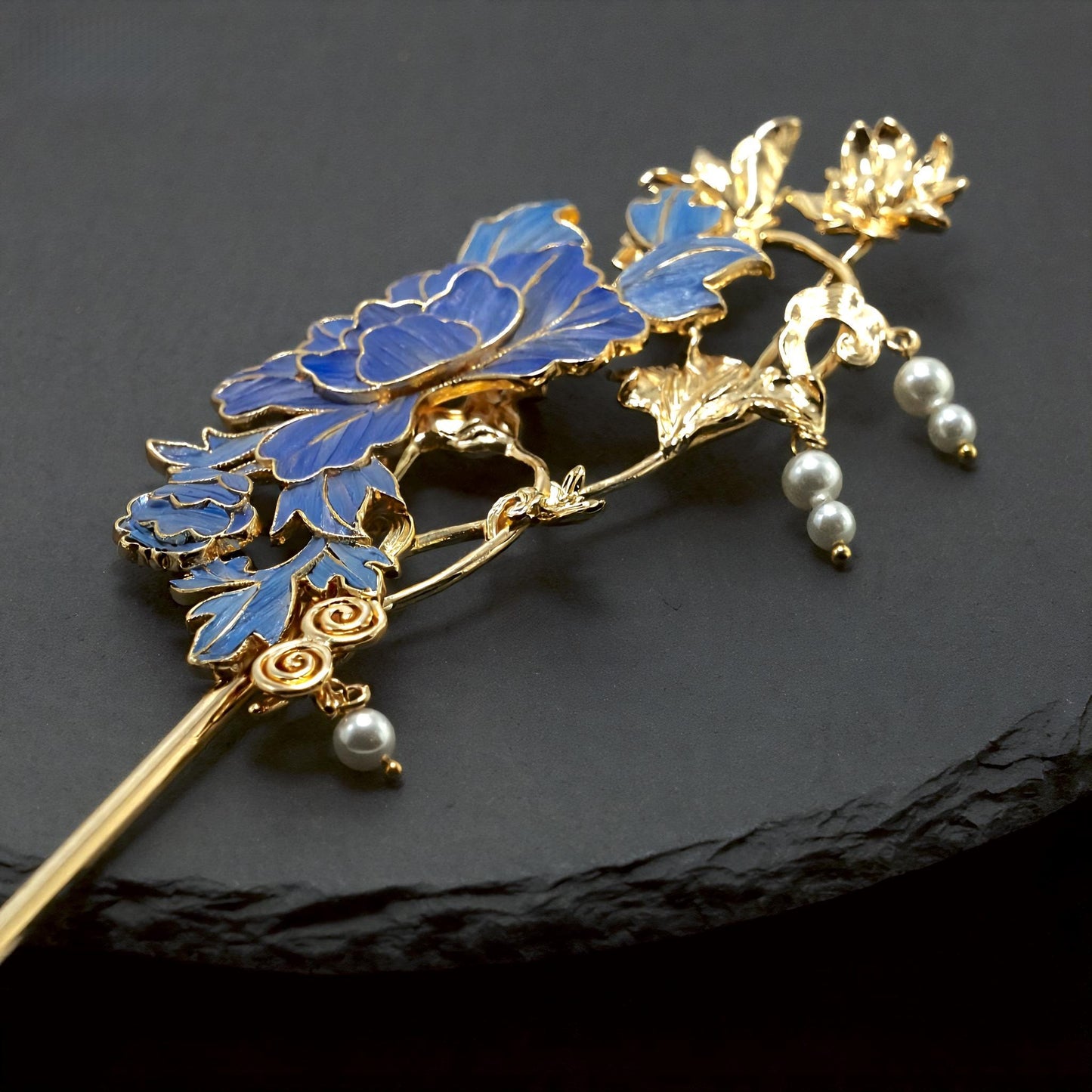Artisan Floral Hair Pin with Feather & Pearls, Statement Hairpiece, Special Occasion Updo, Dian Cui/ Tian Tsui Art