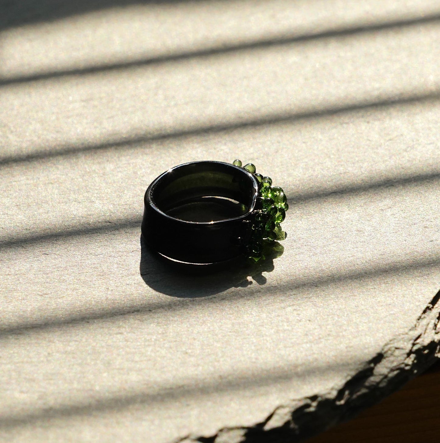 Handmade Chunky Glass Ring, Green Moss Bubble Ring, Black Lampwork Band, Goblincore Witchy Jewelry, Unique Statement Ring