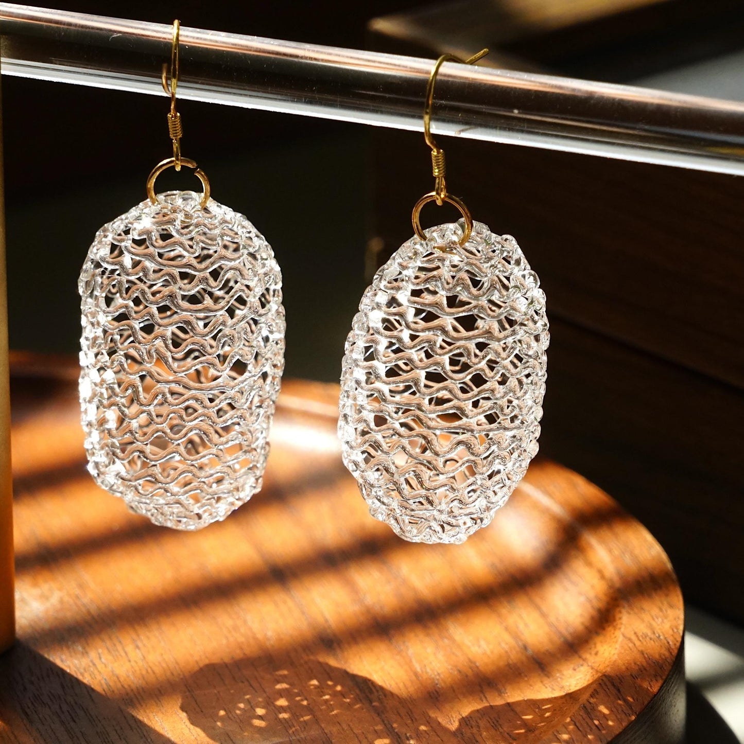 Lampwork Glass Cocoon Earrings, Sculptural Woven Glass Jewelry, Sterling Silver Ear Hooks, Gift for Her