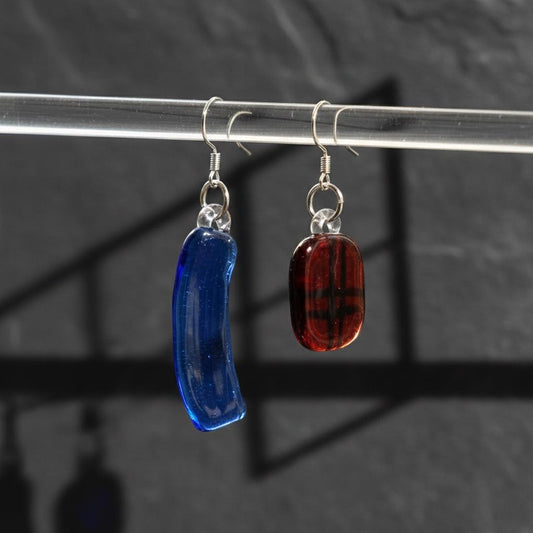 Mondrian Inspired Asymmetrical Glass Earrings, Geometric Lampwork Dangles, Red & Cobalt Blue 925 Silver Hooks, Gift for Her