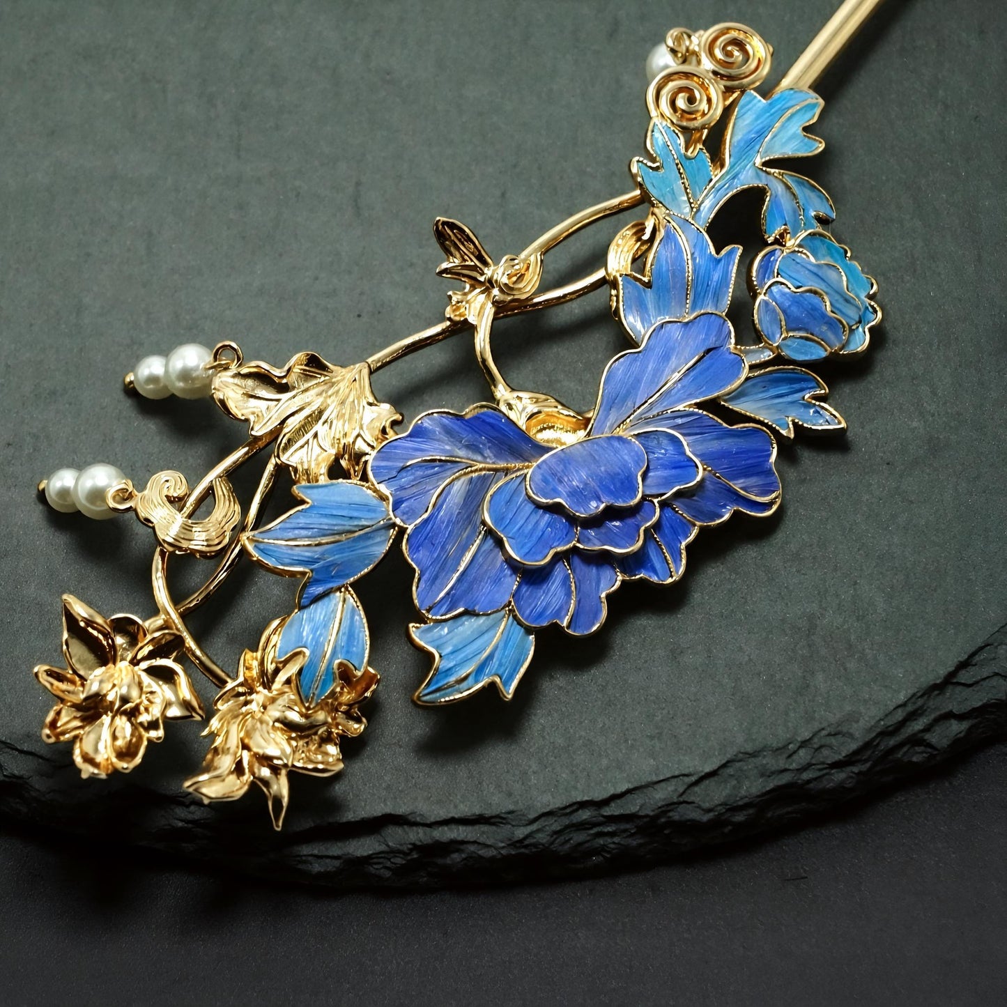 Artisan Floral Hair Pin with Feather & Pearls, Statement Hairpiece, Special Occasion Updo, Dian Cui/ Tian Tsui Art