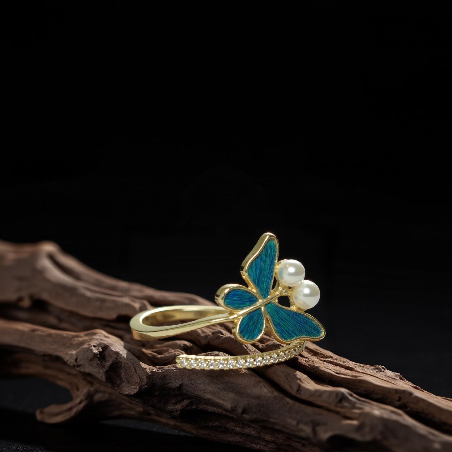 Butterfly Ring: Peacock Blue Feather, Gold Vine, Zircon - Adjustable