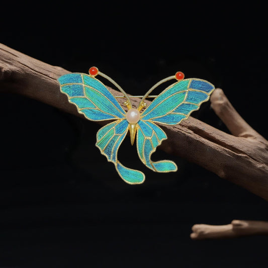 Butterfly Brooch With Pearl, Vintage Style Dian Cui/Tian Tsui Pin, Unique Christmas Gift