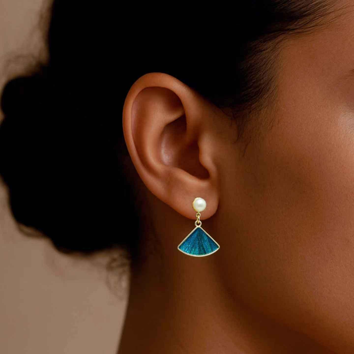 Fan Earrings with Peacock Feather & Pearl, Gold Statement Jewelry, Vintage Inspired Gift for Her