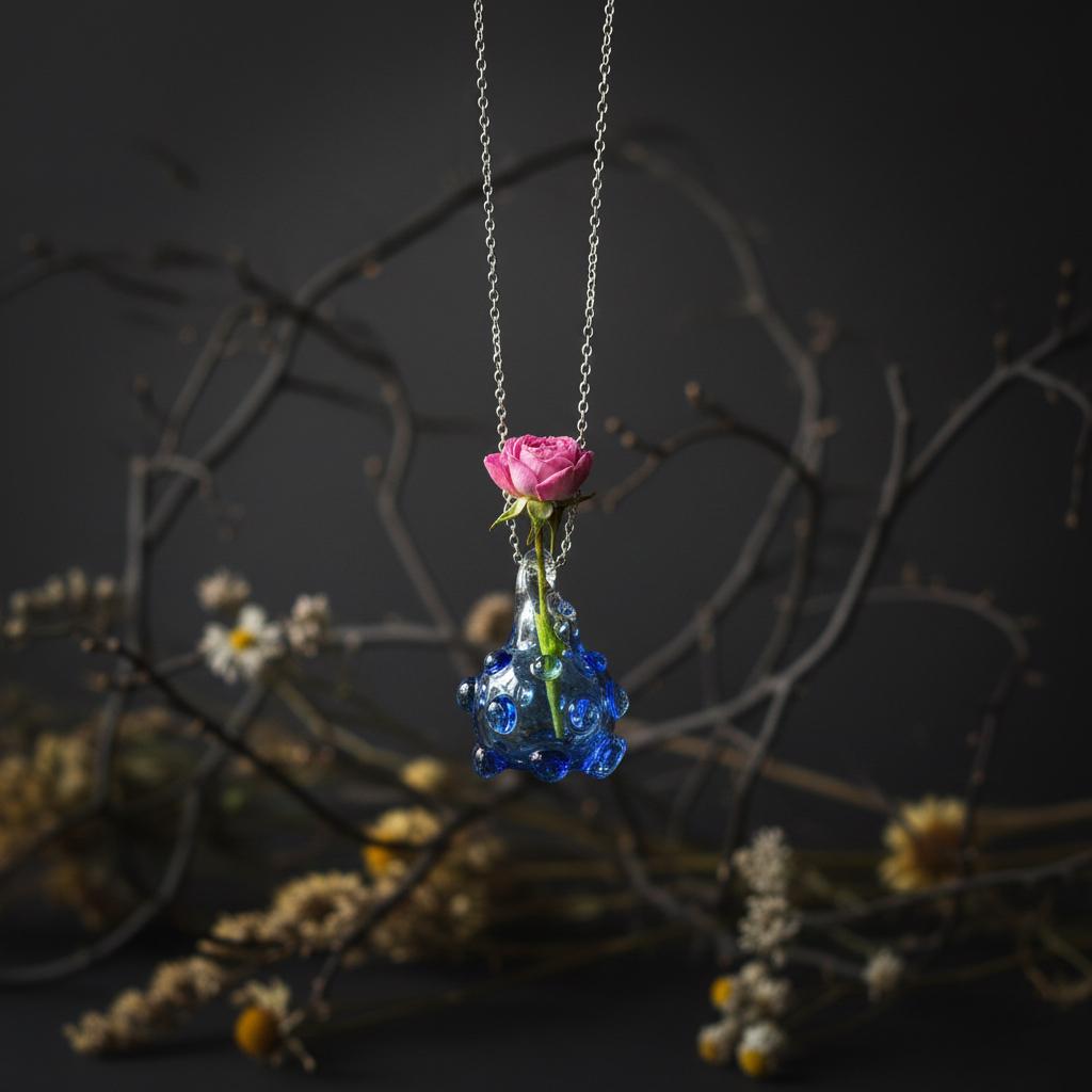 Blue Glass Mini Vase Necklace - Custom flower Jewelry, Handblown Botanical Pendant, Sterling Silver Chain
